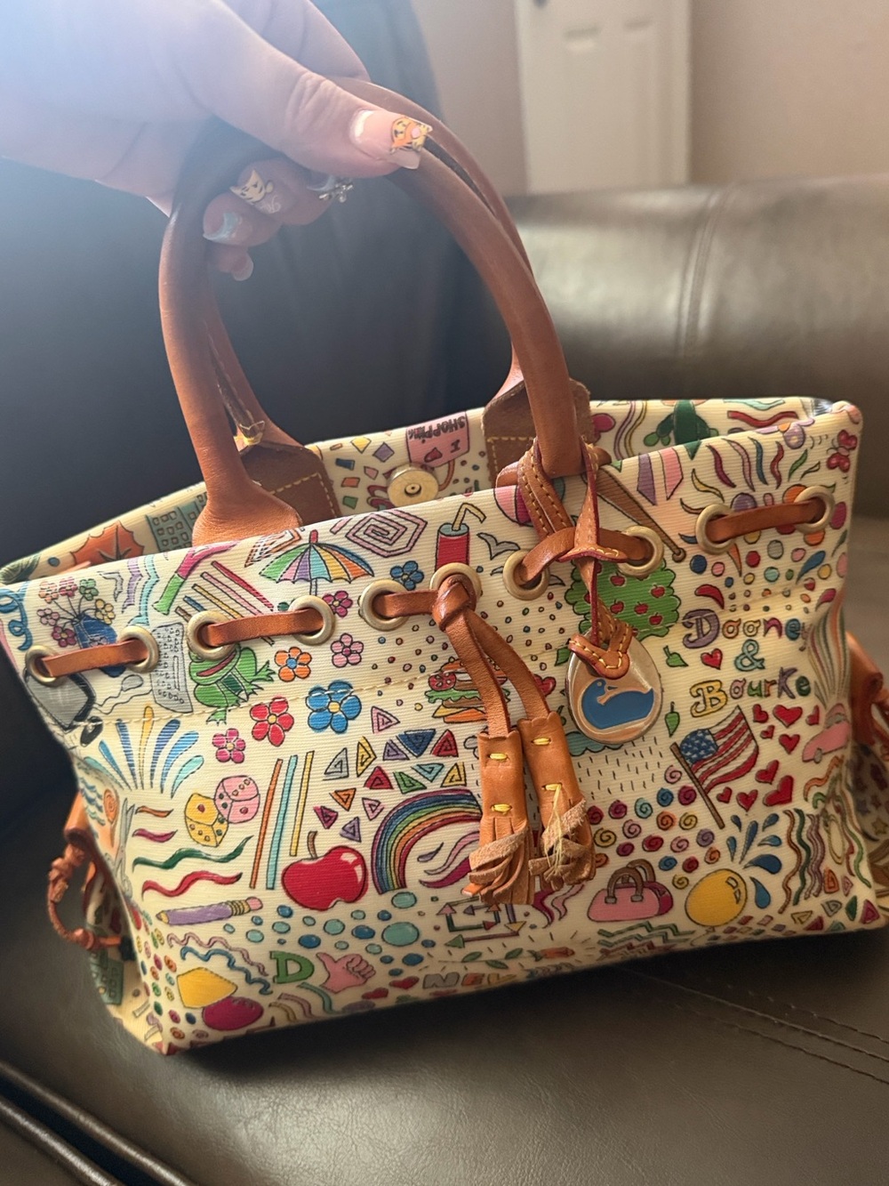 Dooney & Bourke Multicolor Doodle Satchel with Tan Leather Trim